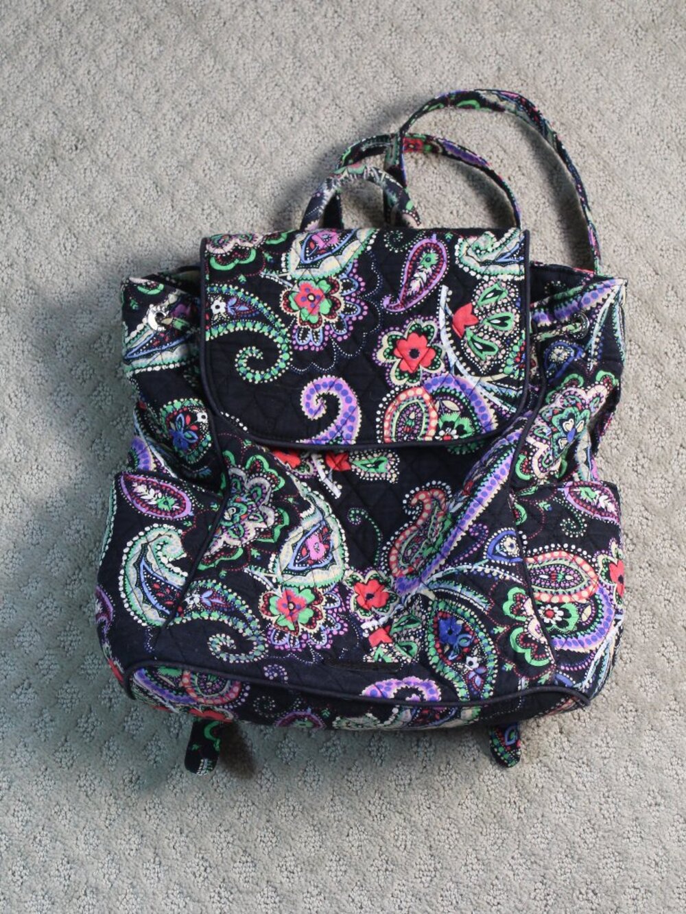 Vera Bradley 12"x12" Brightly Colored Paisleys on Black Backpack Bag